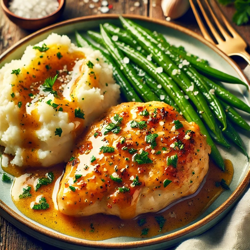 Kurczak w maślano-czosnkowym sosie z puree ziemniaczanym i fasolką szparagową