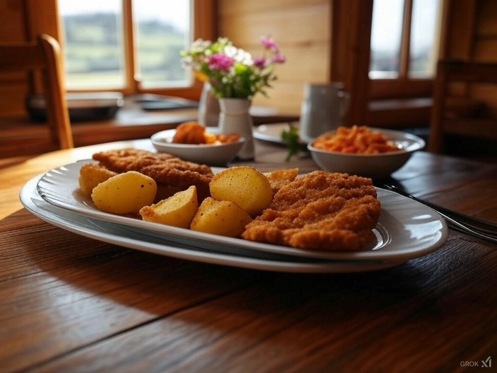 Schabowy z ziemniakami i surówką z marchewki