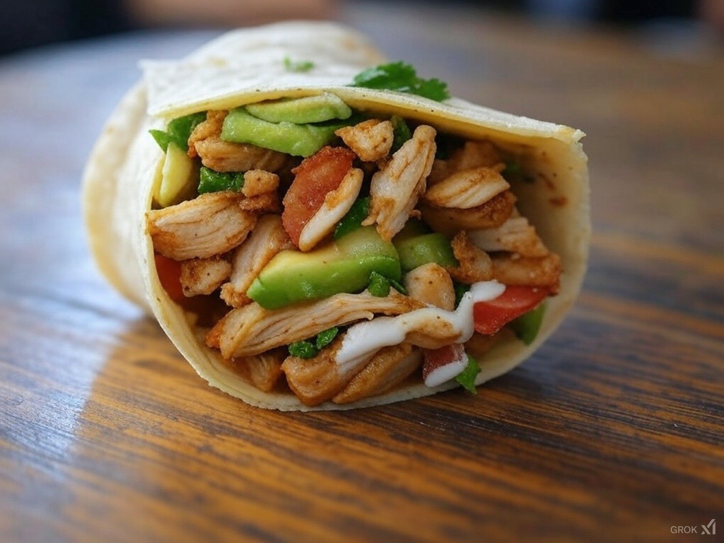 Tortilla z kurczakiem, awokado i sosem jogurtowym