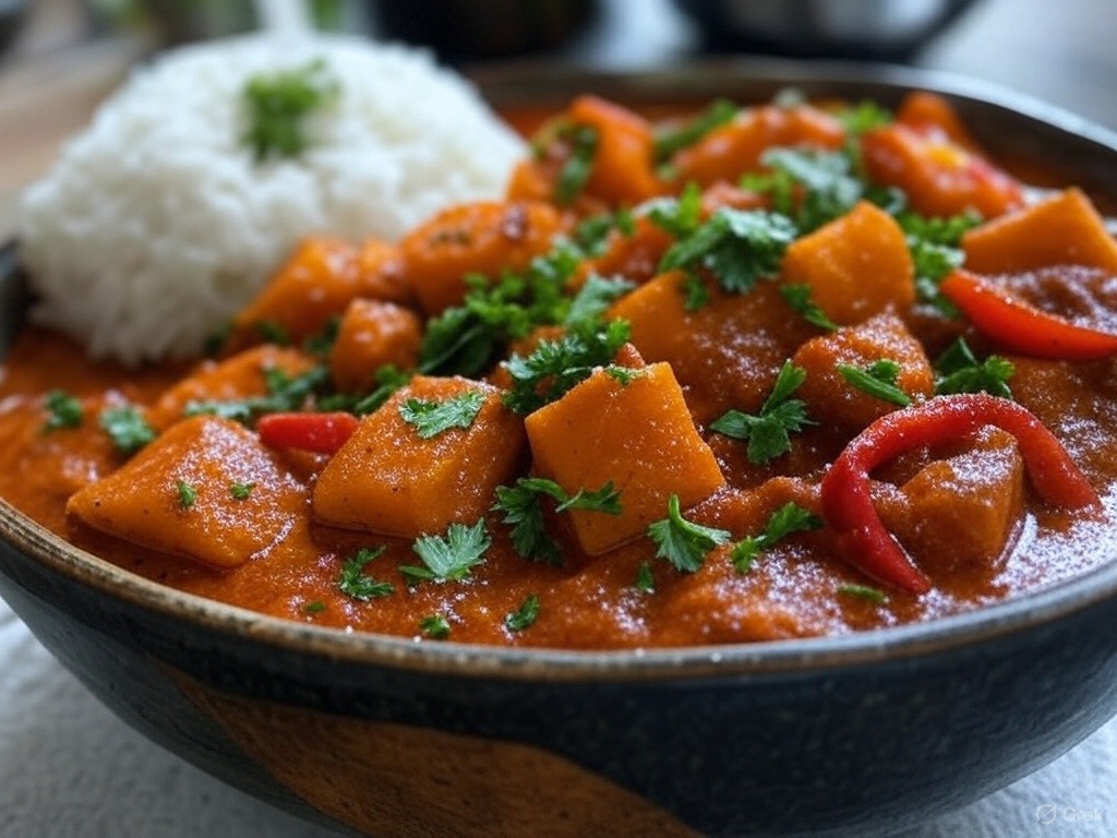 Tajskie curry czerwone z tofu i warzywami w glinianej misce z ryżem