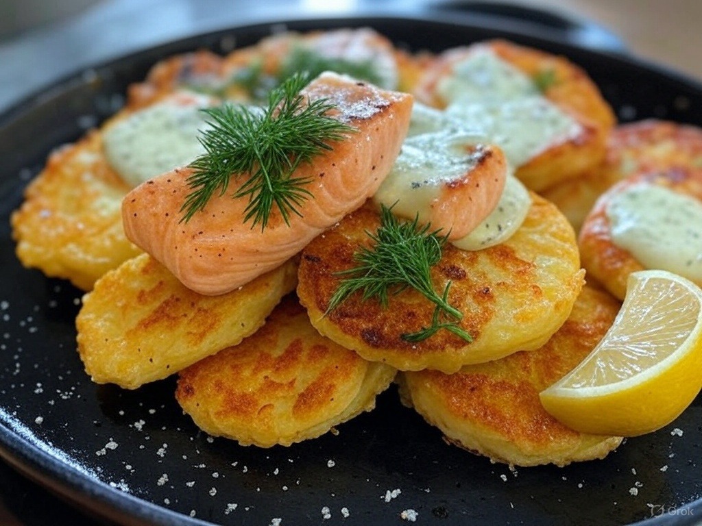 Złote placki ziemniaczane z pieczonym łososiem i sosem koperkowym na drewnianej desce