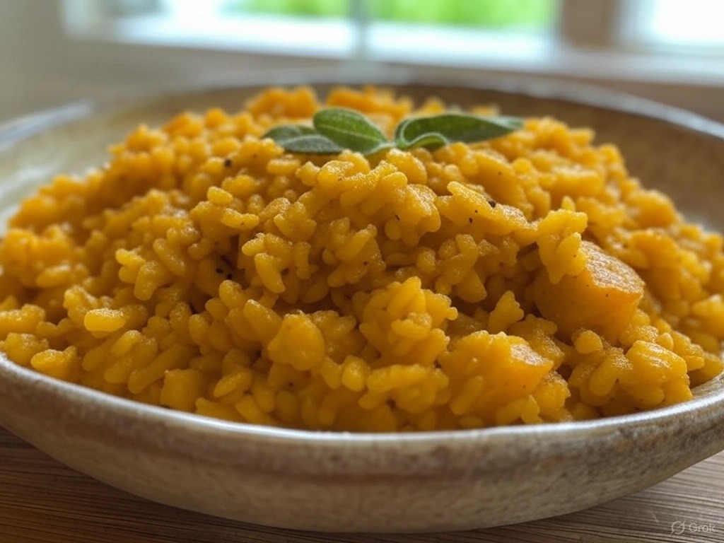 Złote wegańskie risotto z dynią i szałwią w czarnej misce