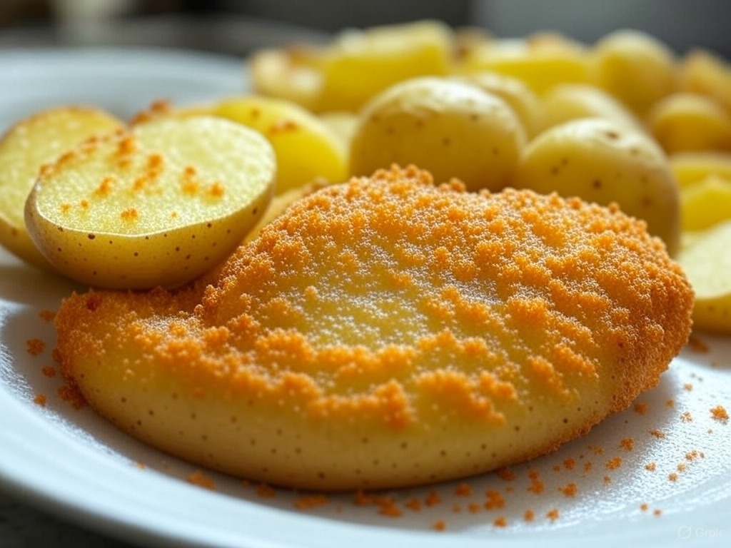 Złoty schabowy w płatkach owsianych z młodymi ziemniakami i surówką