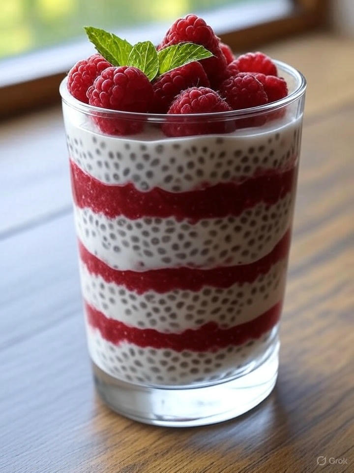 Jogurtowy deser z chia i musem malinowym