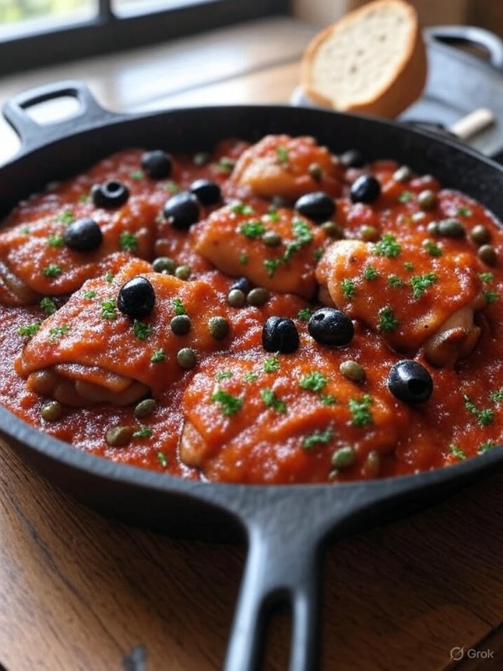 Kurczak duszony w pomidorach z oliwkami i kaparami