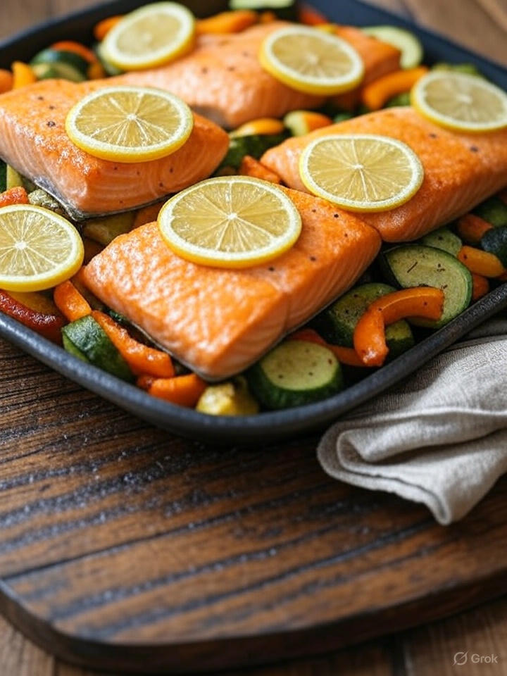Pieczony łosoś z warzywami i cytryną