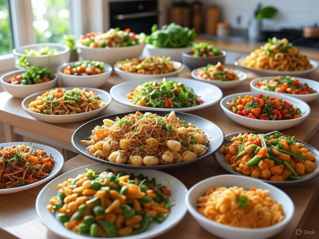 Kuchnia gdzie jest wiele talerzy z daniami roślinnymi