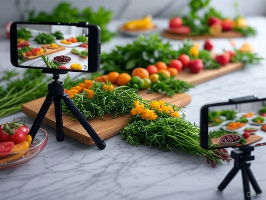 Dwa telefonu na statywie - robiące zdjęcia jedzenia