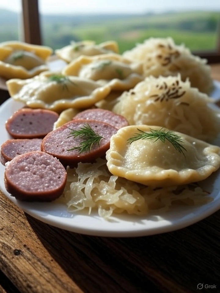 Tradycyjne polskie potrawy regionalne: oscypek, kluski śląskie, kartacze i sękacz na drewnianym stole z elementami ludowymi