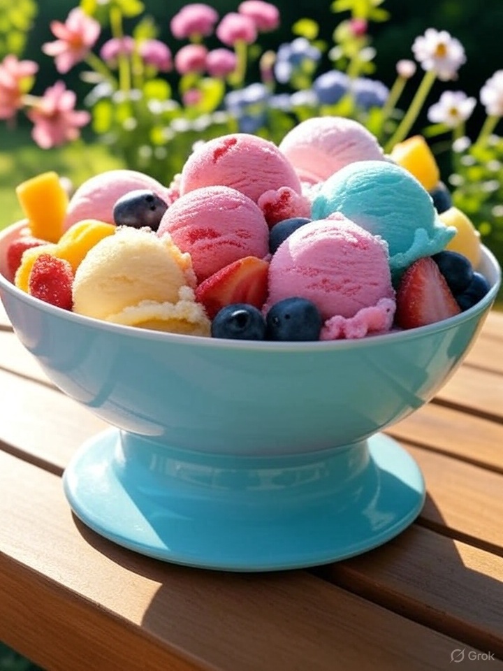 Domowe lody owocowe w pastelowych kubeczkach na drewnianym stole, otoczone letnimi owocami i kwiatami, w ogrodzie w słoneczny dzień.