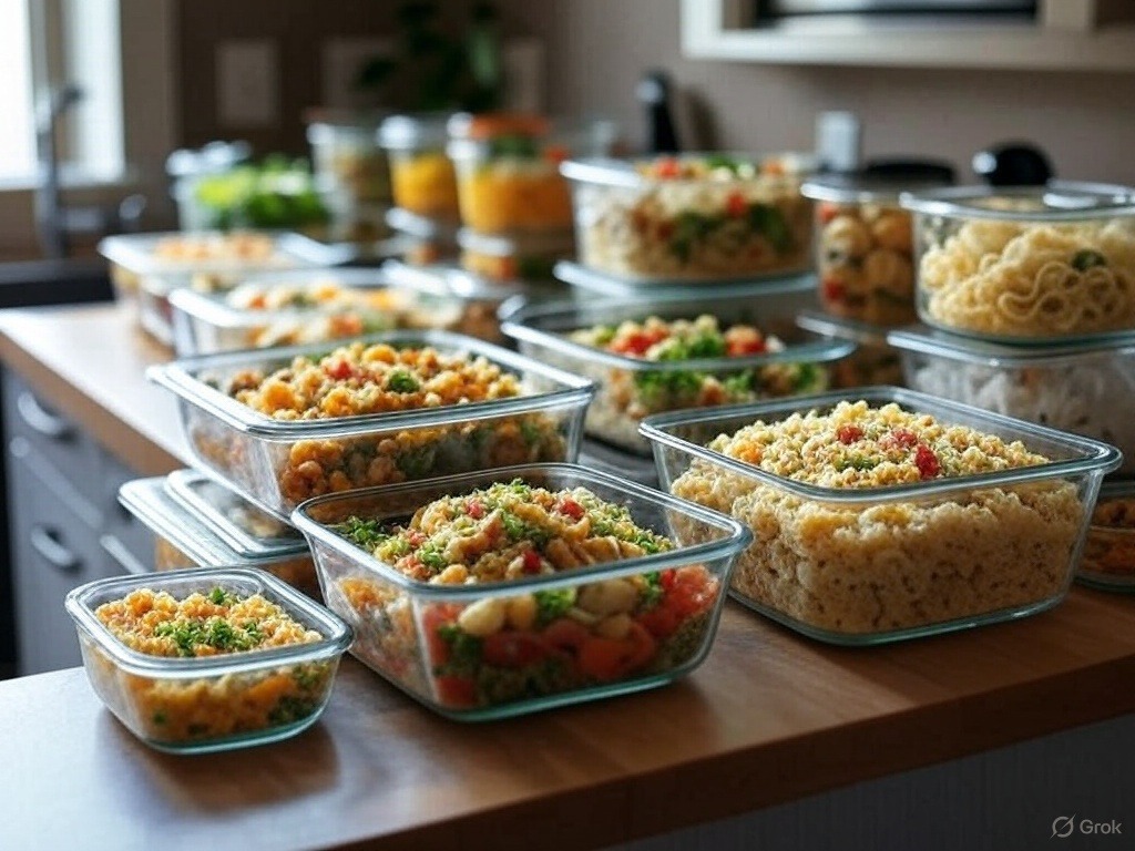 Kuchnia, a w niej wiele pojemników napełnionych żywnością