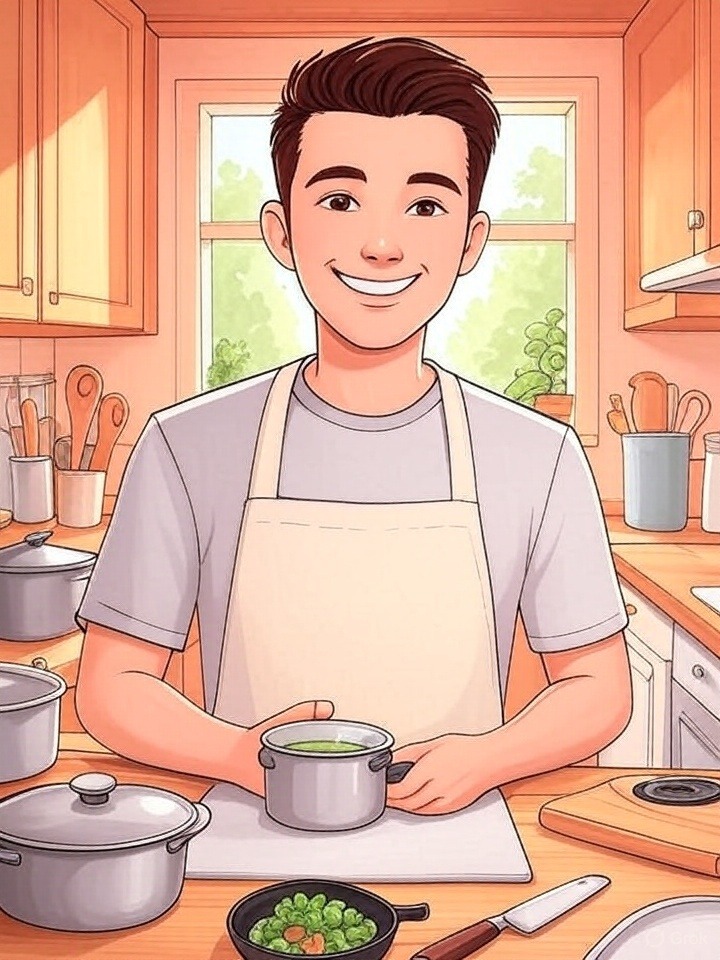 Początkujący kucharz w kuchni z podstawowymi akcesoriami kuchennymi