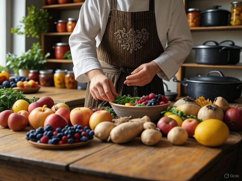 Kucharz w kuchni z warzywami i owocami