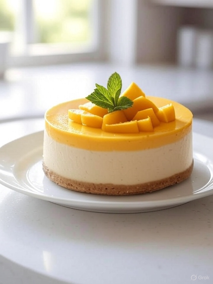 Sernik na zimno z musem mango na białym talerzu, ozdobiony listkami mięty i plasterkami mango, w letnim, jasnym otoczeniu.
