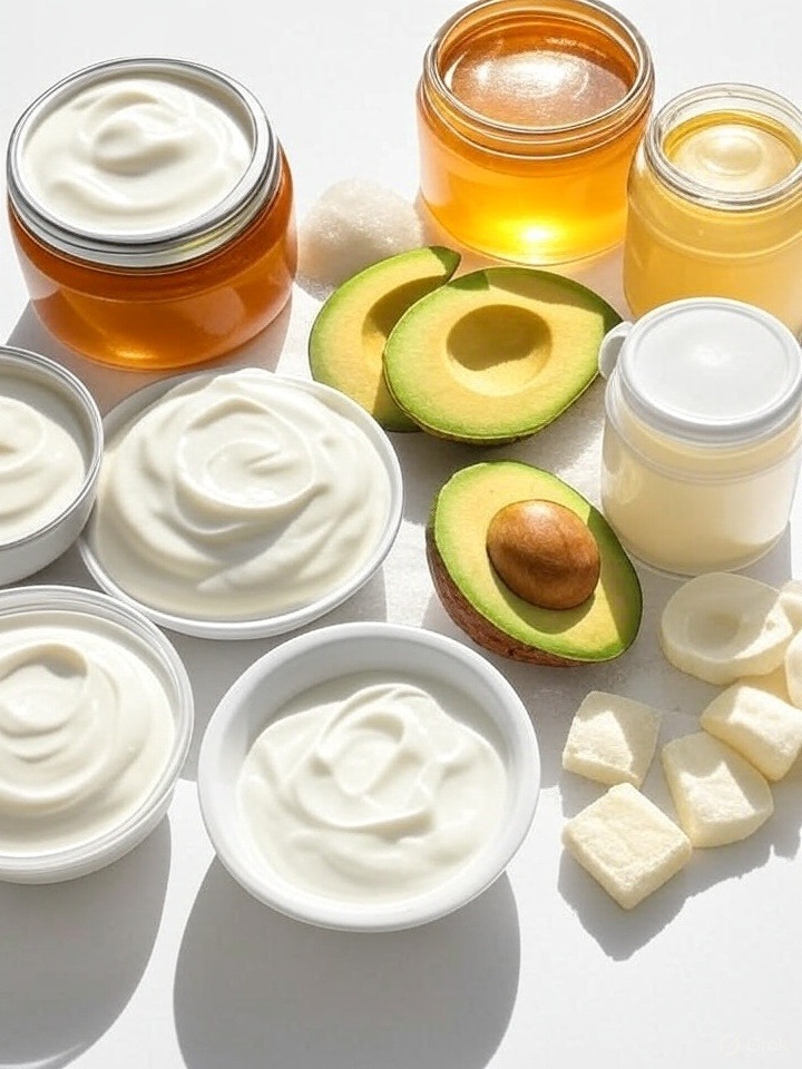 Zdrowe zamienniki cukru, śmietany i masła: miód, ksylitol, jogurt grecki, awokado i olej kokosowy ułożone na białym tle.