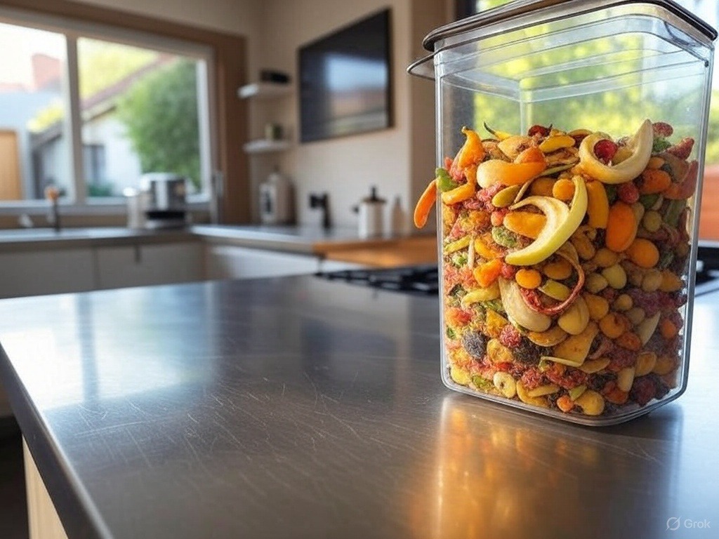 Kuchnia, a po prawej pojemnik z jedzeniem