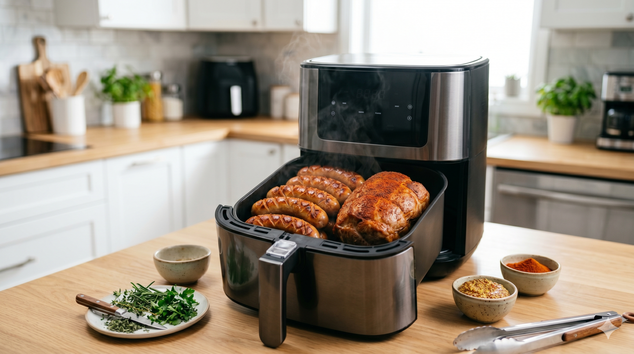 airfryer z grillowymi daniami w kuchni