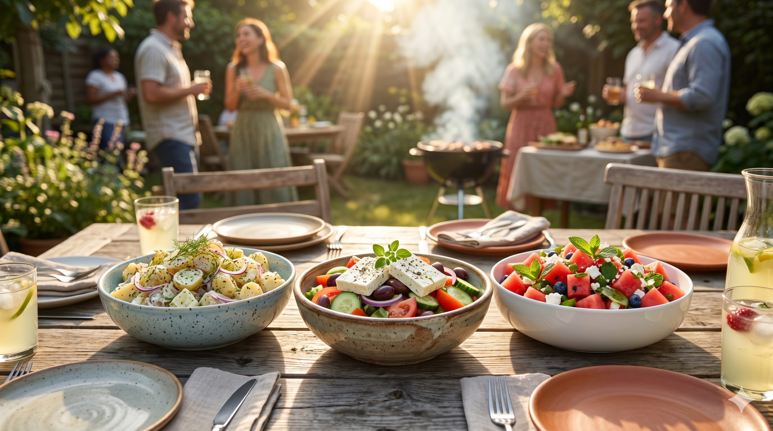 sałatki na stole grillowym