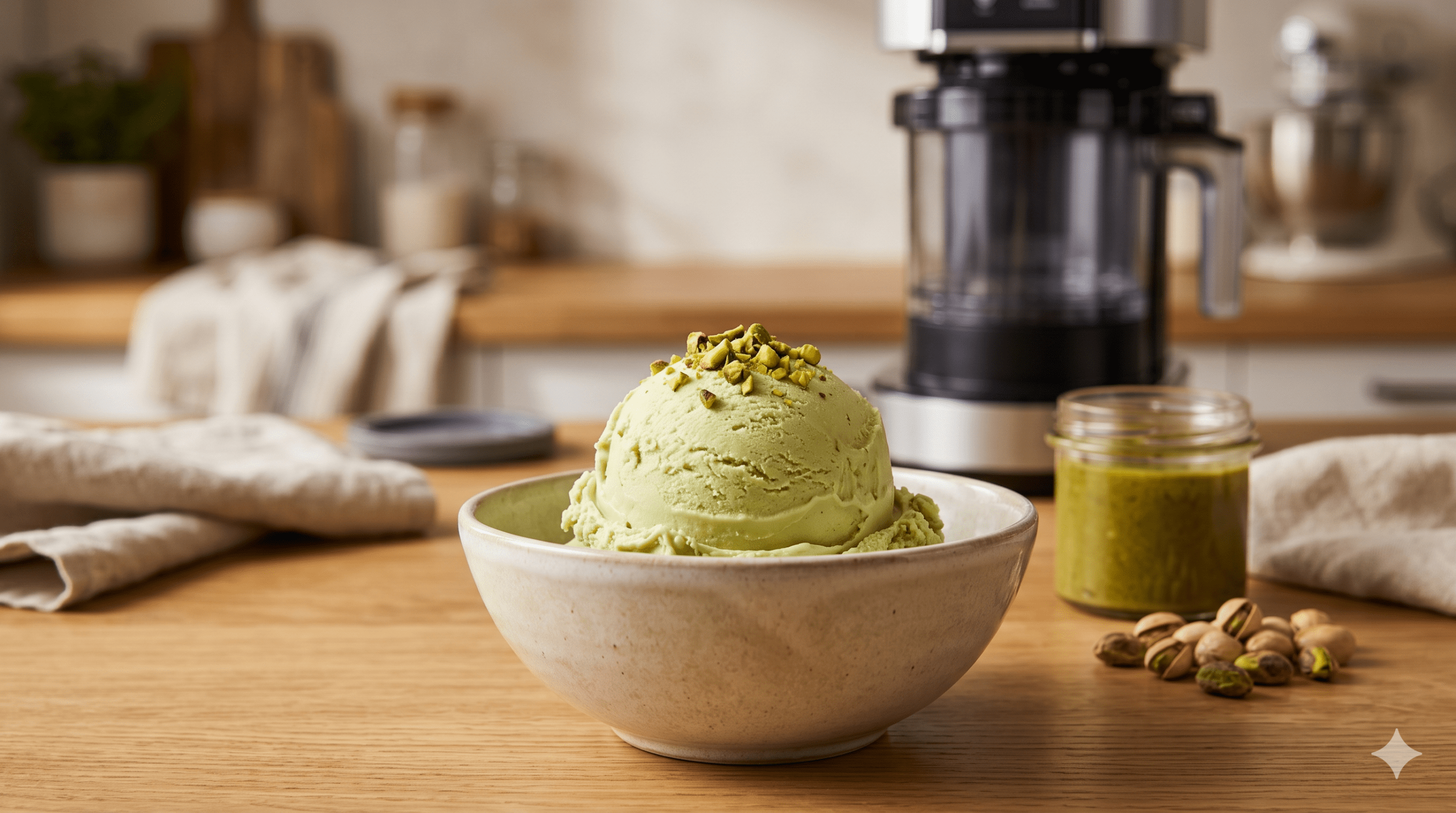 lody pistacjowe w pucharku na blacie