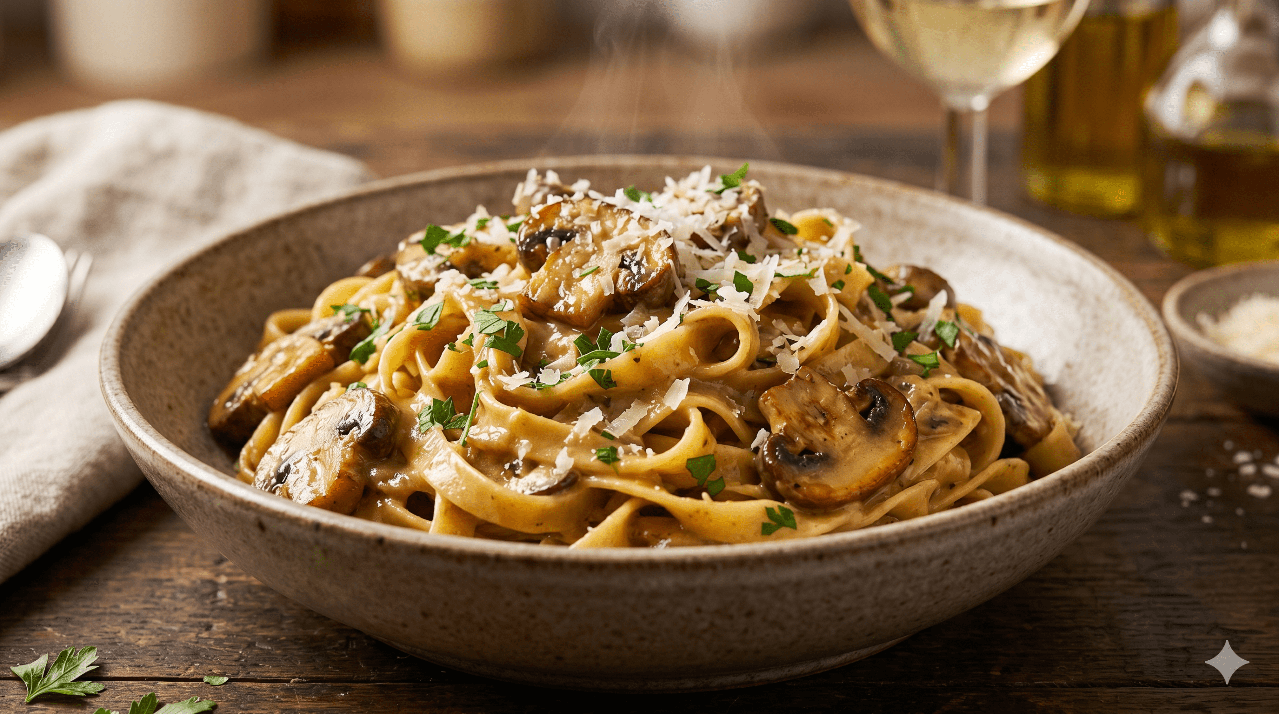 makaron z sosem pieczarkowym
